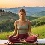 **

A serene individual meditating outdoors at sunrise, surrounded by lush Tuscan hills. Focus on the peaceful expression and the vibrant colors of the dawn. Include a journal and pen nearby, symbolizing self-reflection and mindfulness. Style: Impressionistic, warm color palette.

**