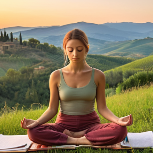 **

A serene individual meditating outdoors at sunrise, surrounded by lush Tuscan hills. Focus on the peaceful expression and the vibrant colors of the dawn. Include a journal and pen nearby, symbolizing self-reflection and mindfulness. Style: Impressionistic, warm color palette.

**