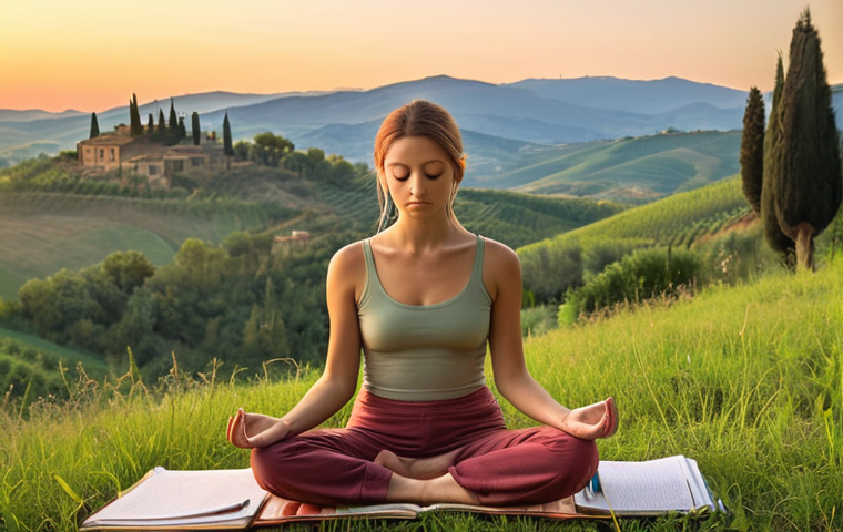 **

A serene individual meditating outdoors at sunrise, surrounded by lush Tuscan hills. Focus on the peaceful expression and the vibrant colors of the dawn. Include a journal and pen nearby, symbolizing self-reflection and mindfulness. Style: Impressionistic, warm color palette.

**