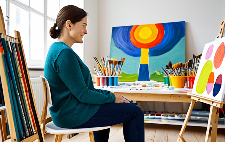 **Image Prompt 1: Expressive Art Therapist**
"A professional art therapist, fully clothed in modest, comfortable clothing, sits attentively with a client in a bright, airy studio filled with colorful art supplies. The client is engaged in painting, showcasing a vibrant abstract piece. Background includes easels, shelves stocked with paints, brushes, and clay. Focus on empathy and support. Safe for work, appropriate content, professional setting, perfect anatomy, natural proportions, well-formed hands, proper finger count, family-friendly."