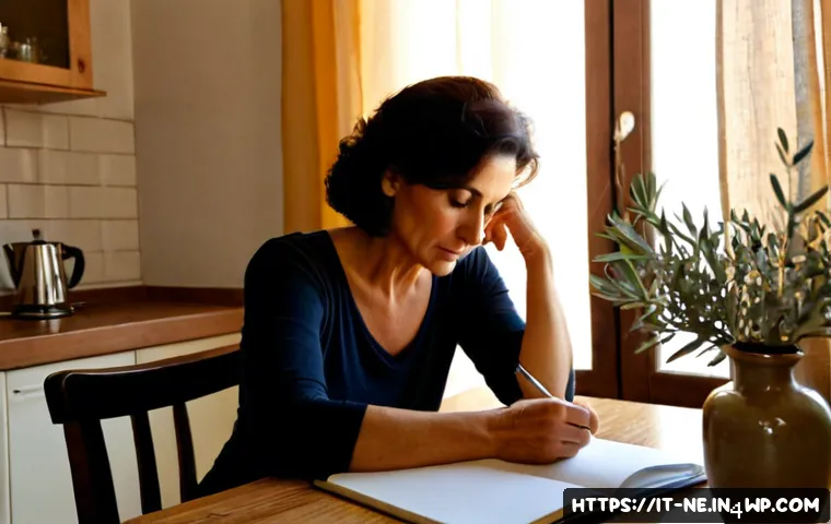 Home 14 자신을 위한 삶의 목적 정의하기 - Photorealistic Italian woman in her early 50s sitting thoughtfully at a sunlit kitchen table in a wa...