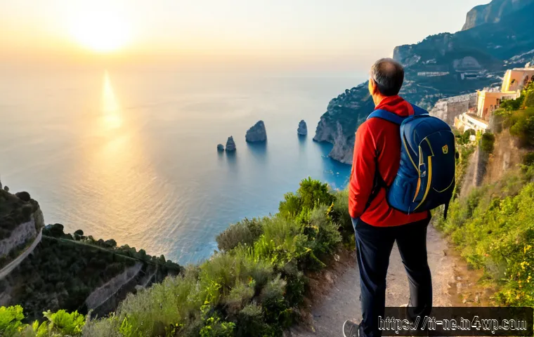 자아 발견을 위한 여행과 탐험 - Photorealistic solo traveler in their 30s standing on a quiet cliffside path along the Italian Amalf...